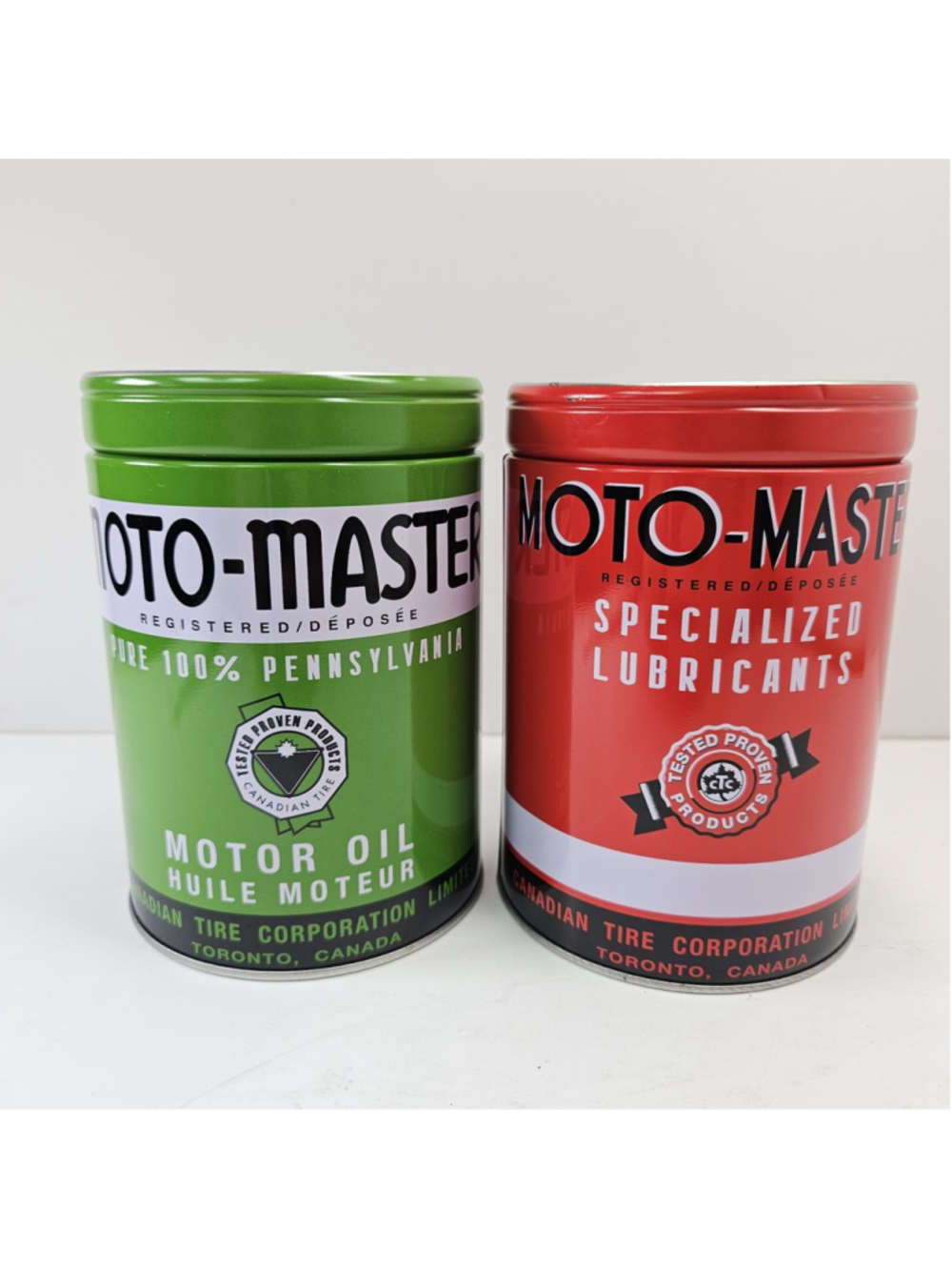 Vintage Moto-Master Canadian Tire Motor Oil Can Tin Coin Banks Lot of 2 CTC